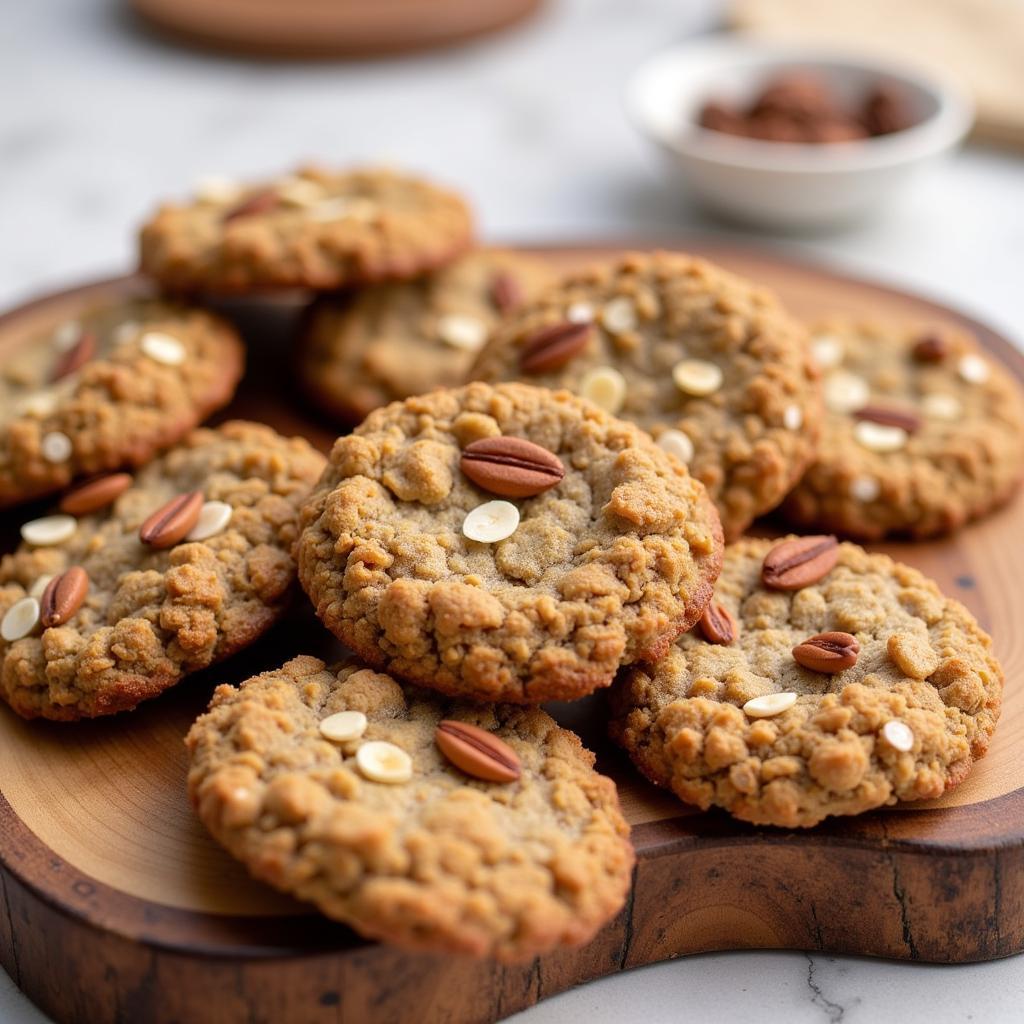 A plate of freshly baked whole foods lactation cookies with oats, nuts, and seeds.