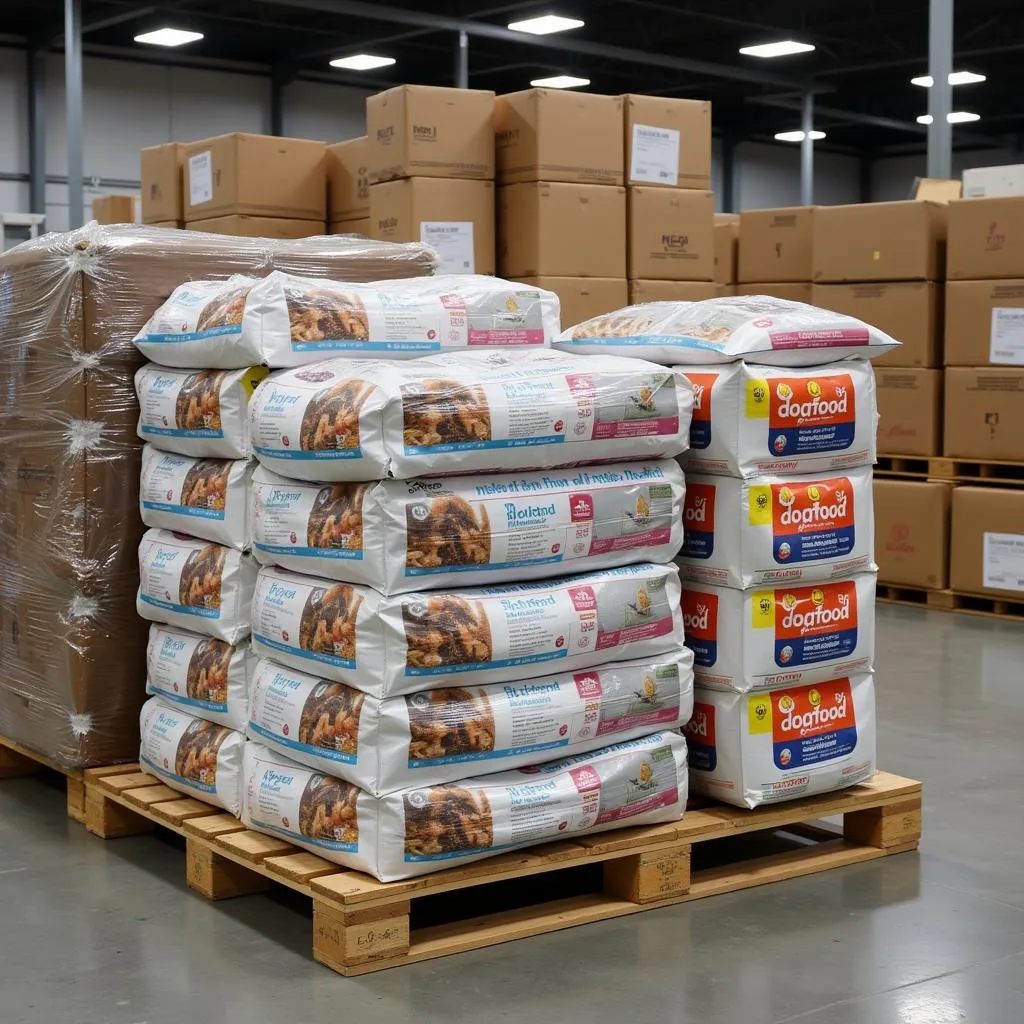 Dog food on a pallet in a warehouse