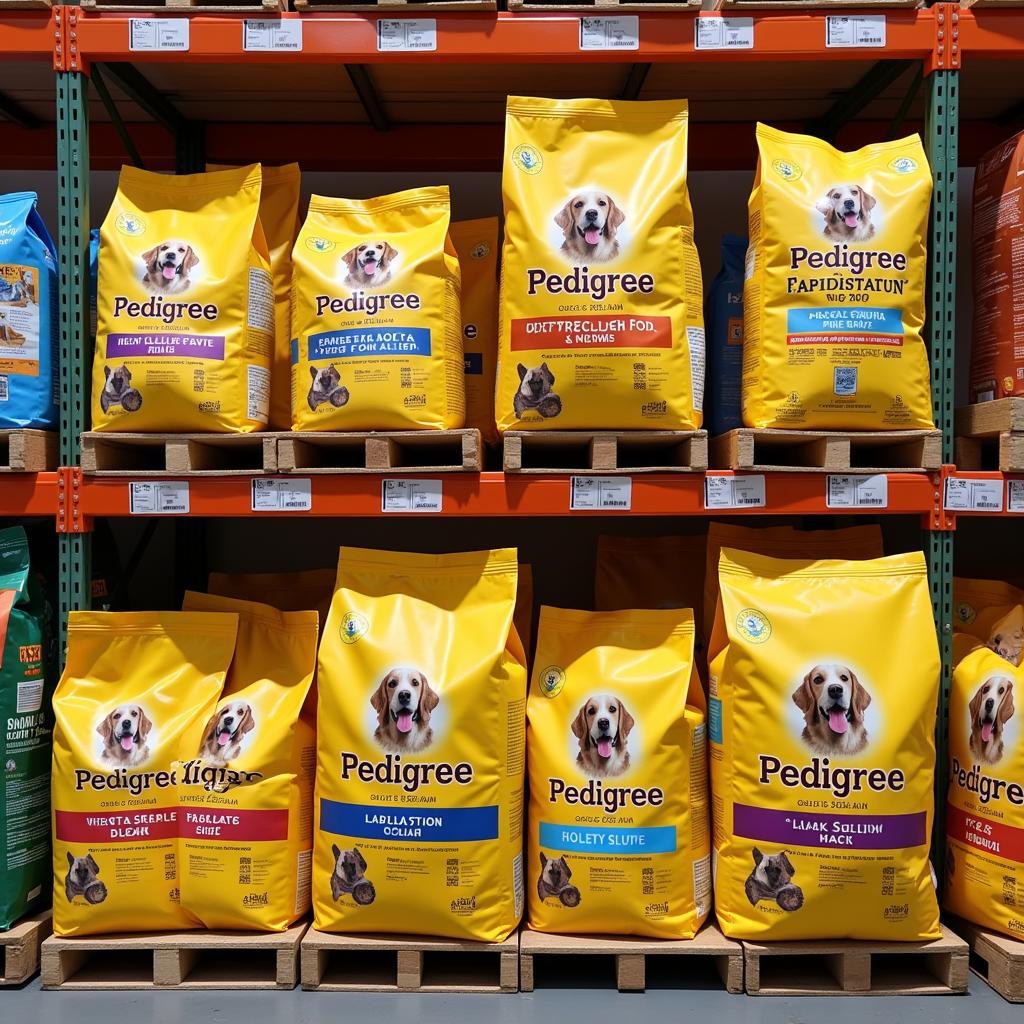 Bags of wholesale pedigree dog food stacked on shelves.