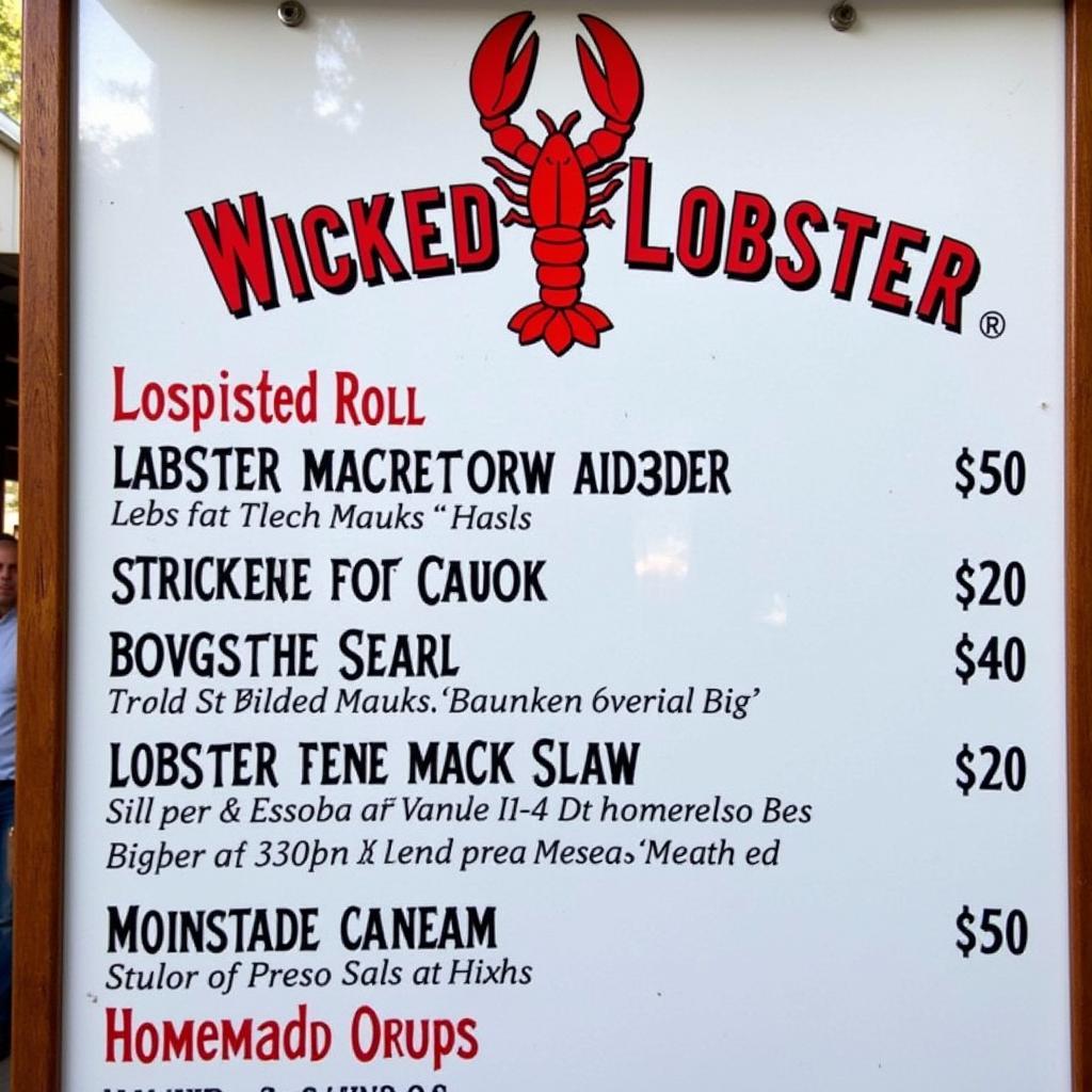 Close-up of the Wicked Lobster food truck menu with a variety of lobster dishes.