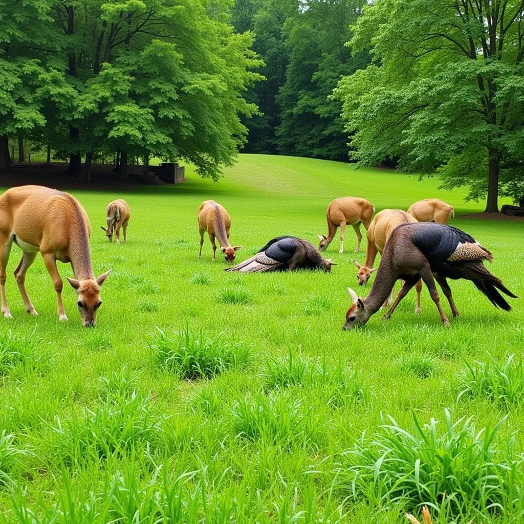 A picturesque food plot teeming with wildlife, demonstrating the successful outcome of proper planting techniques