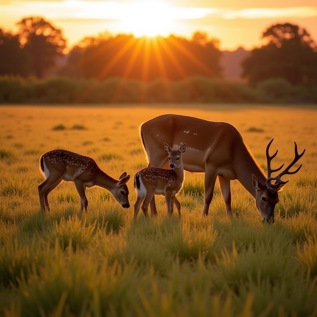 Deer Grazing in Ryegrass Field