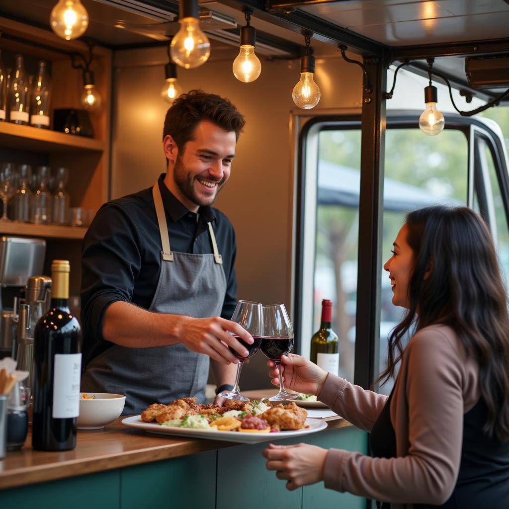 Wine food truck owner serving a customer