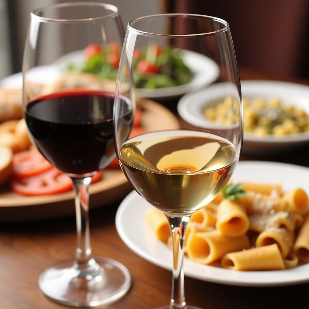 Wine Glasses with Italian Food in Background