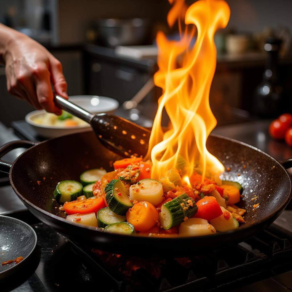 A chef expertly flips a medley of colorful vegetables in a wok.