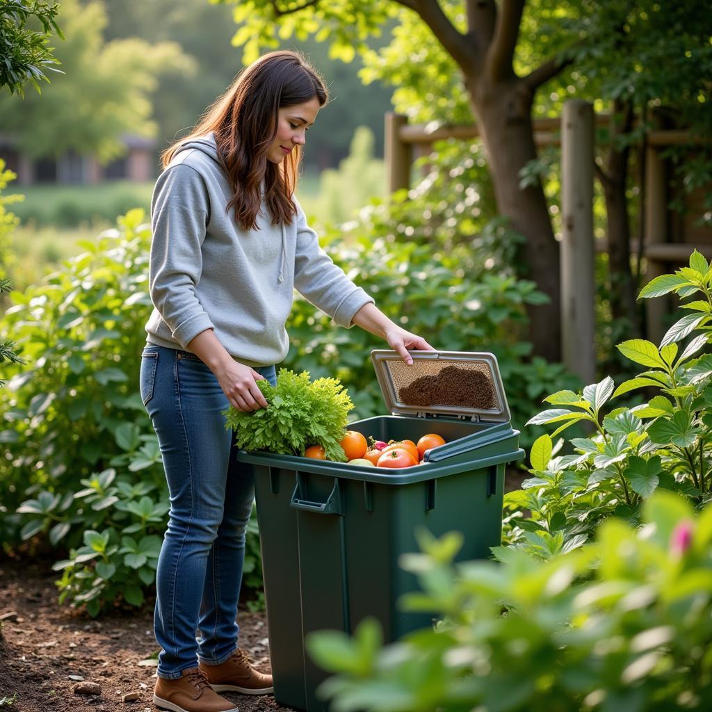 A woman adding food scraps from her caddy to a compost bin.