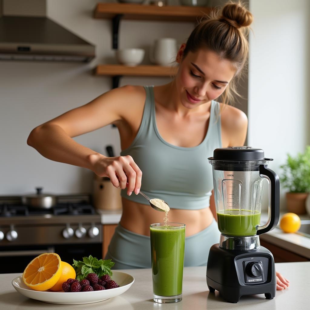 A woman carefully measures out a scoop of food supplement powder to add to her smoothie