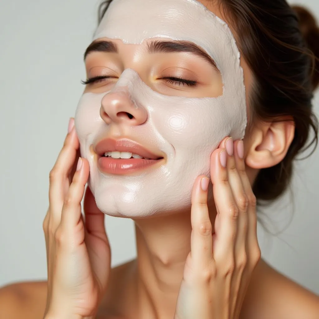 A woman with glowing skin applies a creamy white face mask