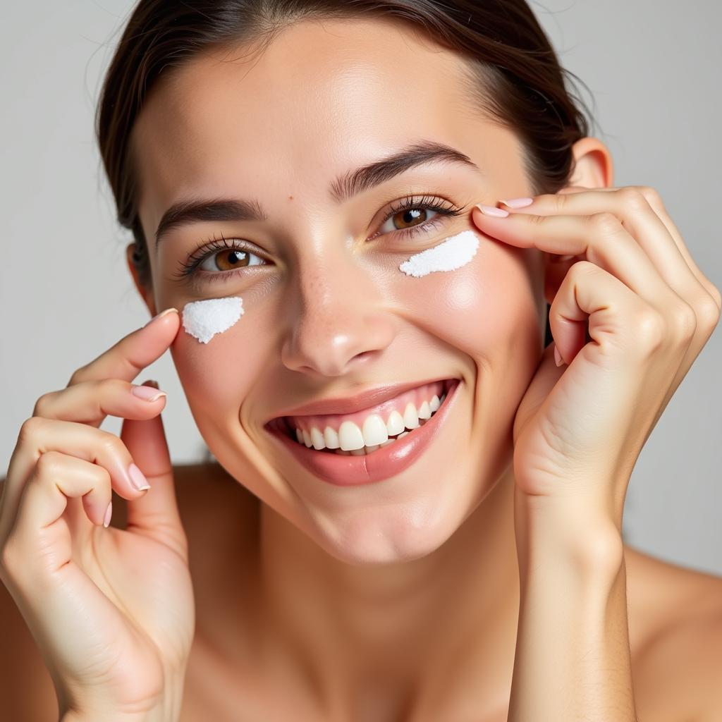 A woman gently applies herbal face food eye cream under her eyes