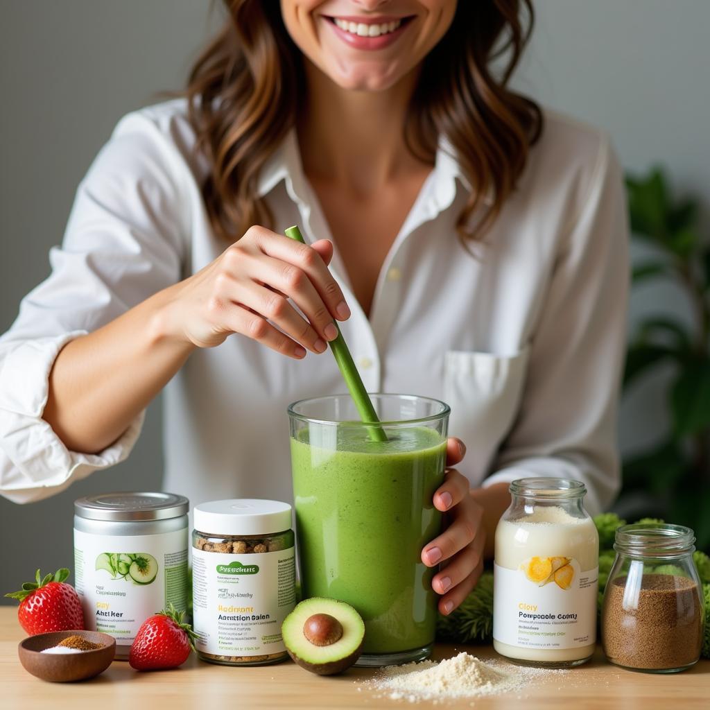 Woman blending a green protein smoothie using powder food supplements.