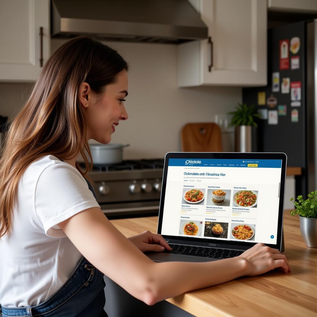 Woman smiling while exploring an online Ukrainian food store on her laptop