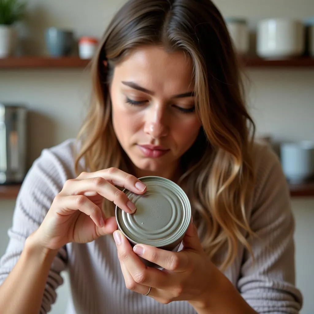 A woman checking the expiration date on a can of food