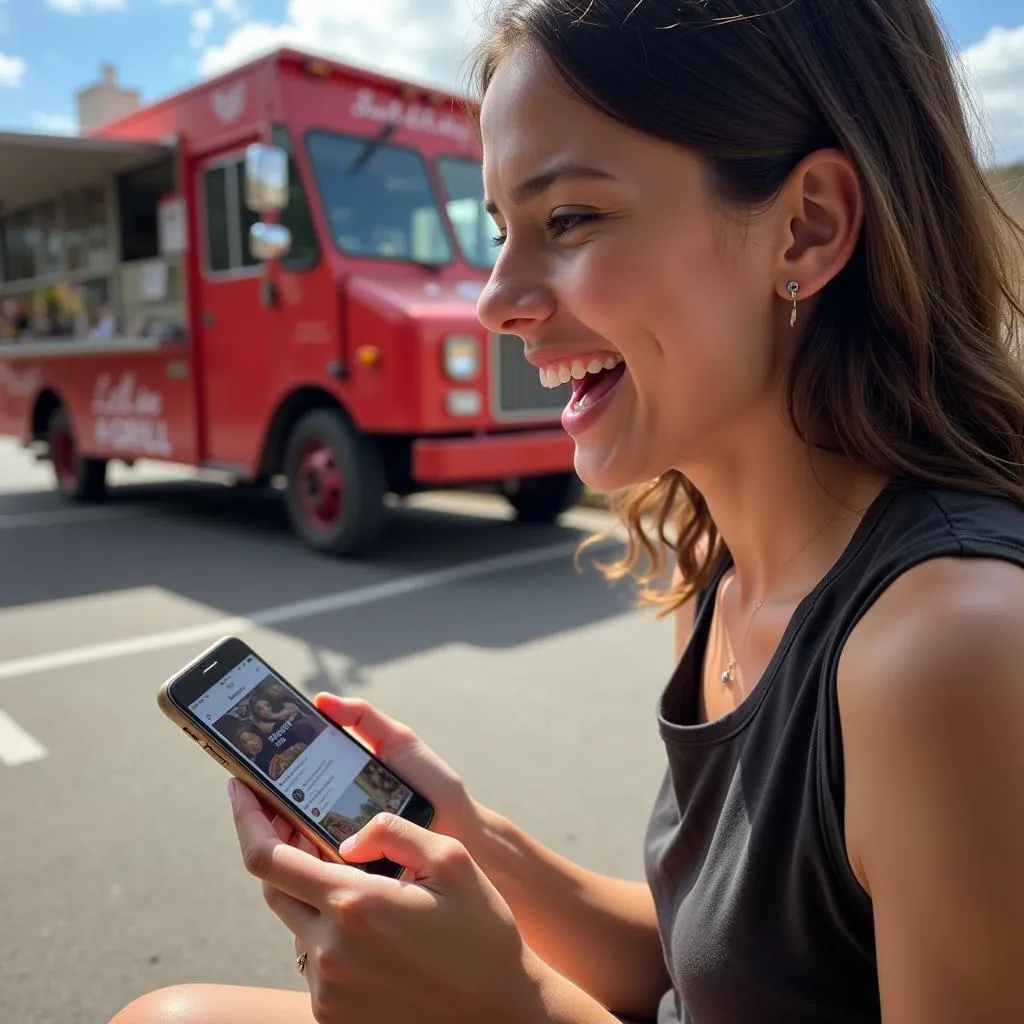 A young woman smiles while checking her phone for the Little Lady Grill food truck location.