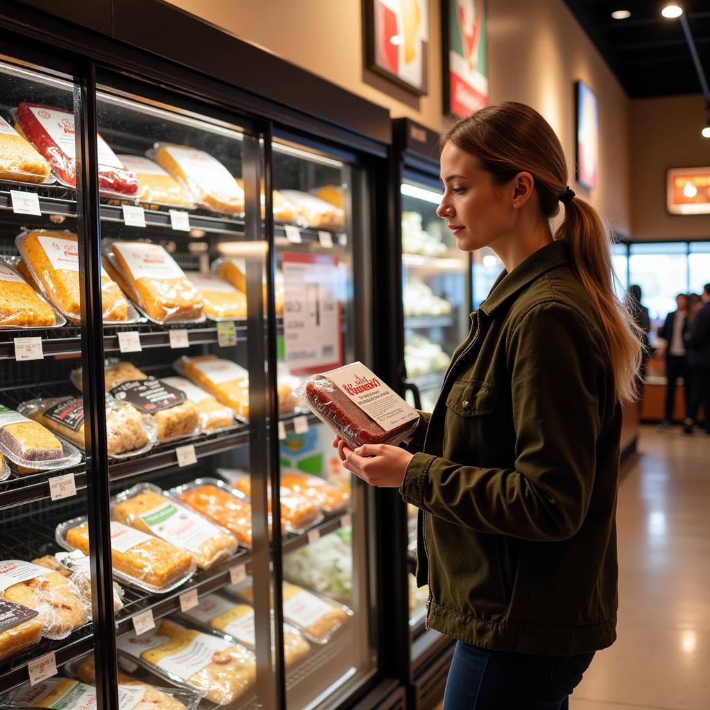 A woman thoughtfully selecting a Main Street Bistro meal from the frozen food aisle.