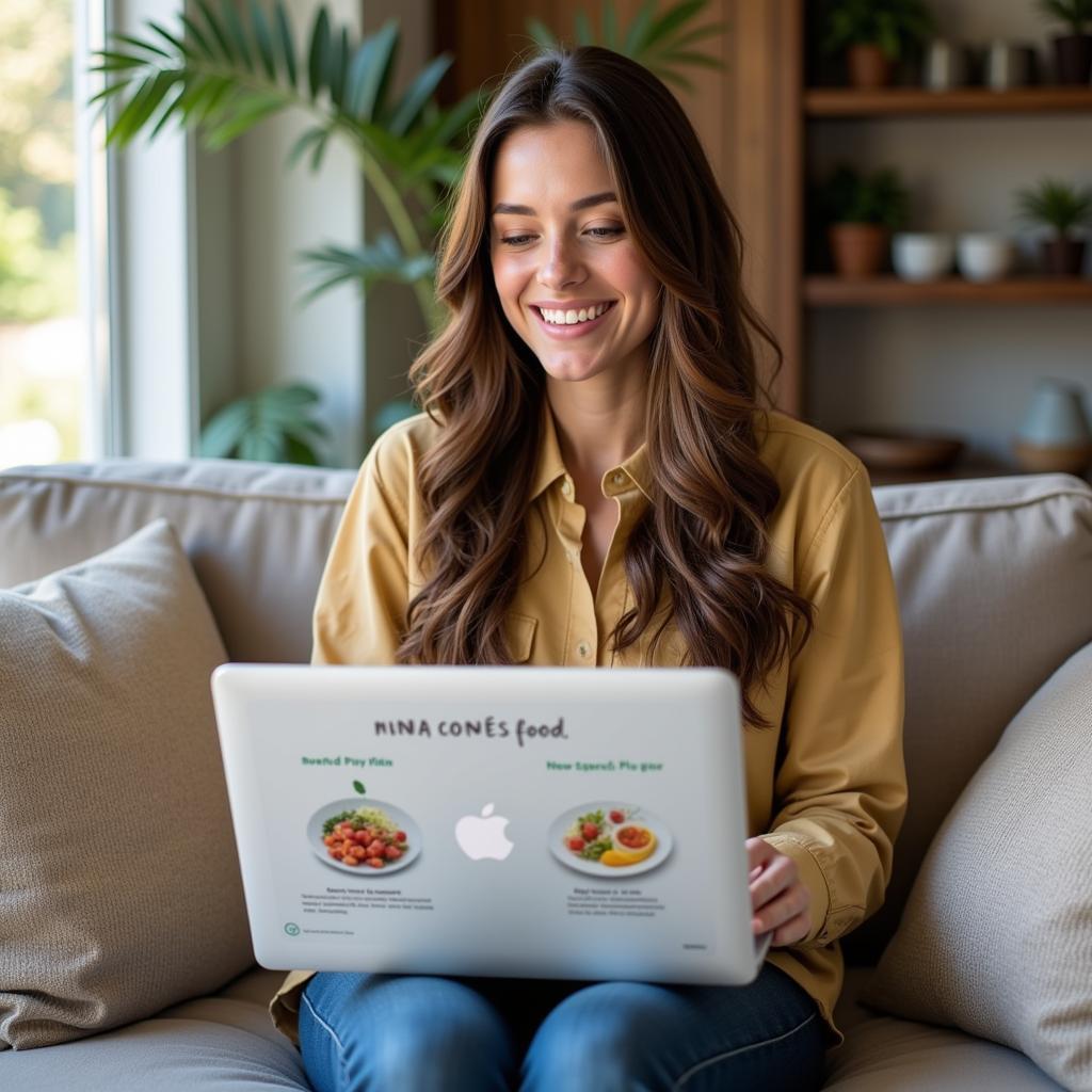 A woman researching raw food delivery options online.