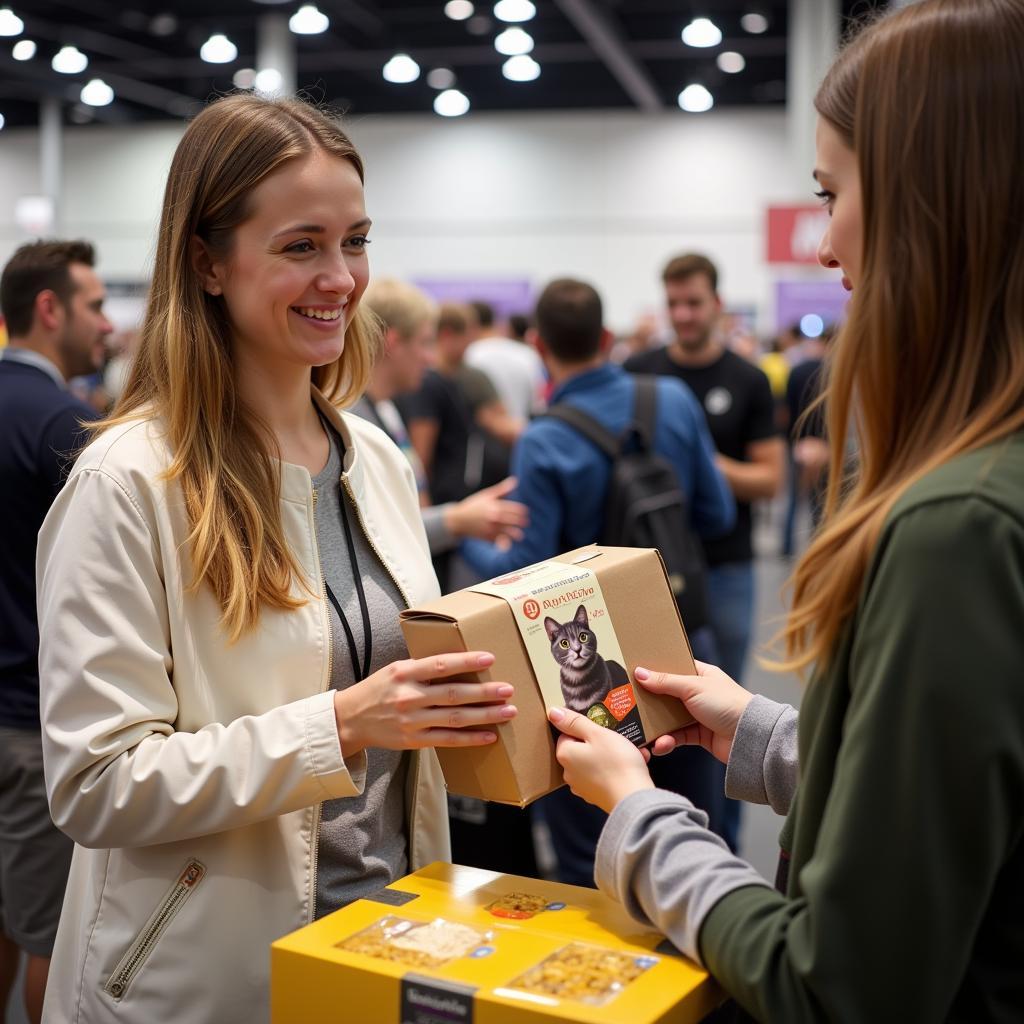 Woman Collecting Cat Food Samples at Pet Expo