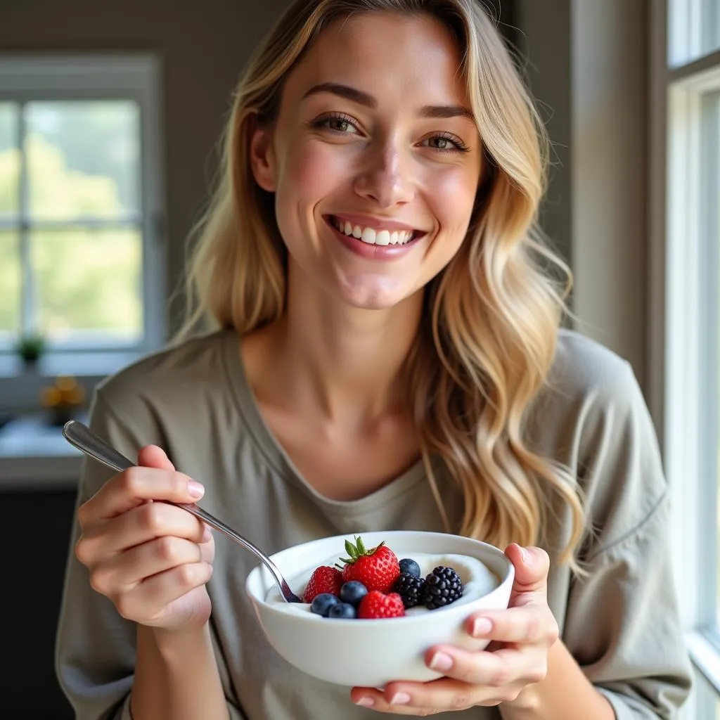 Woman Eating Yogurt with Berries