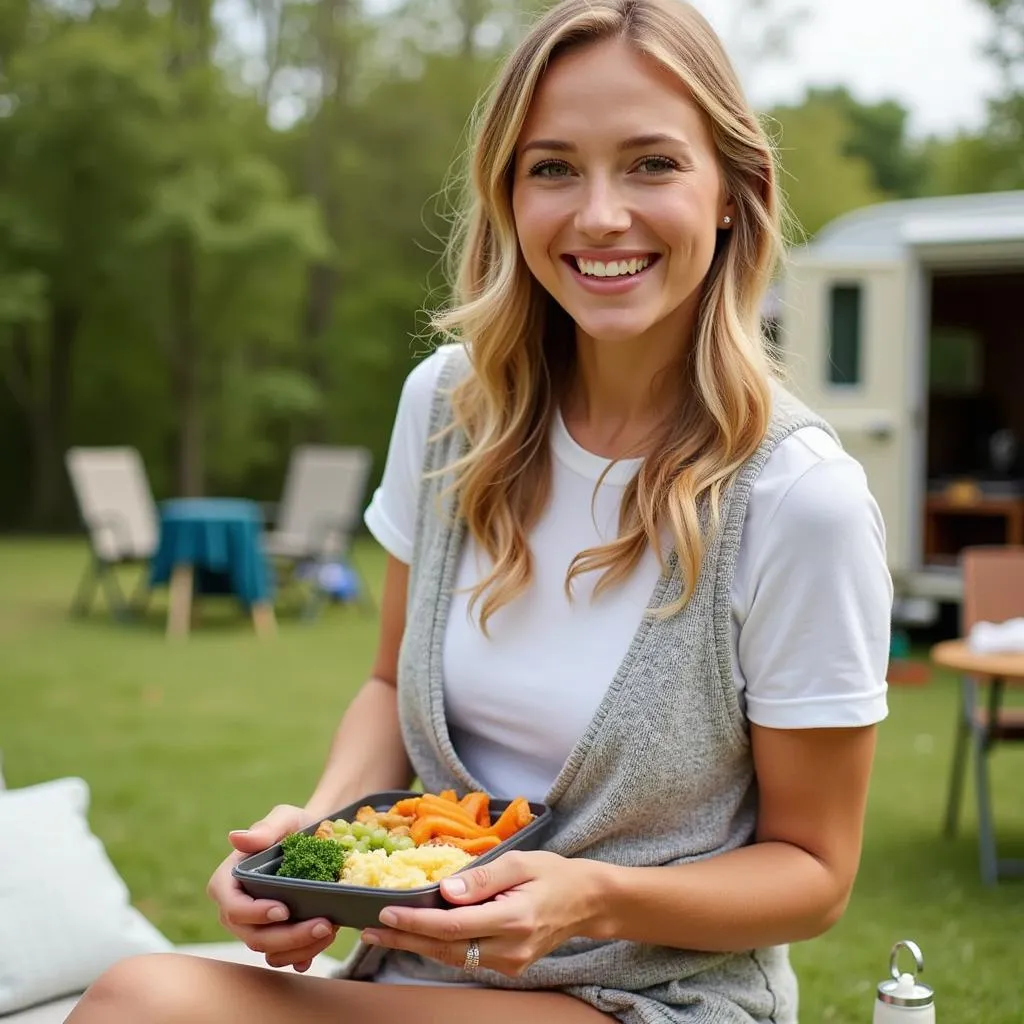 A woman is sitting on a park bench, smiling, and enjoying a salad from a thermal food storage container. 