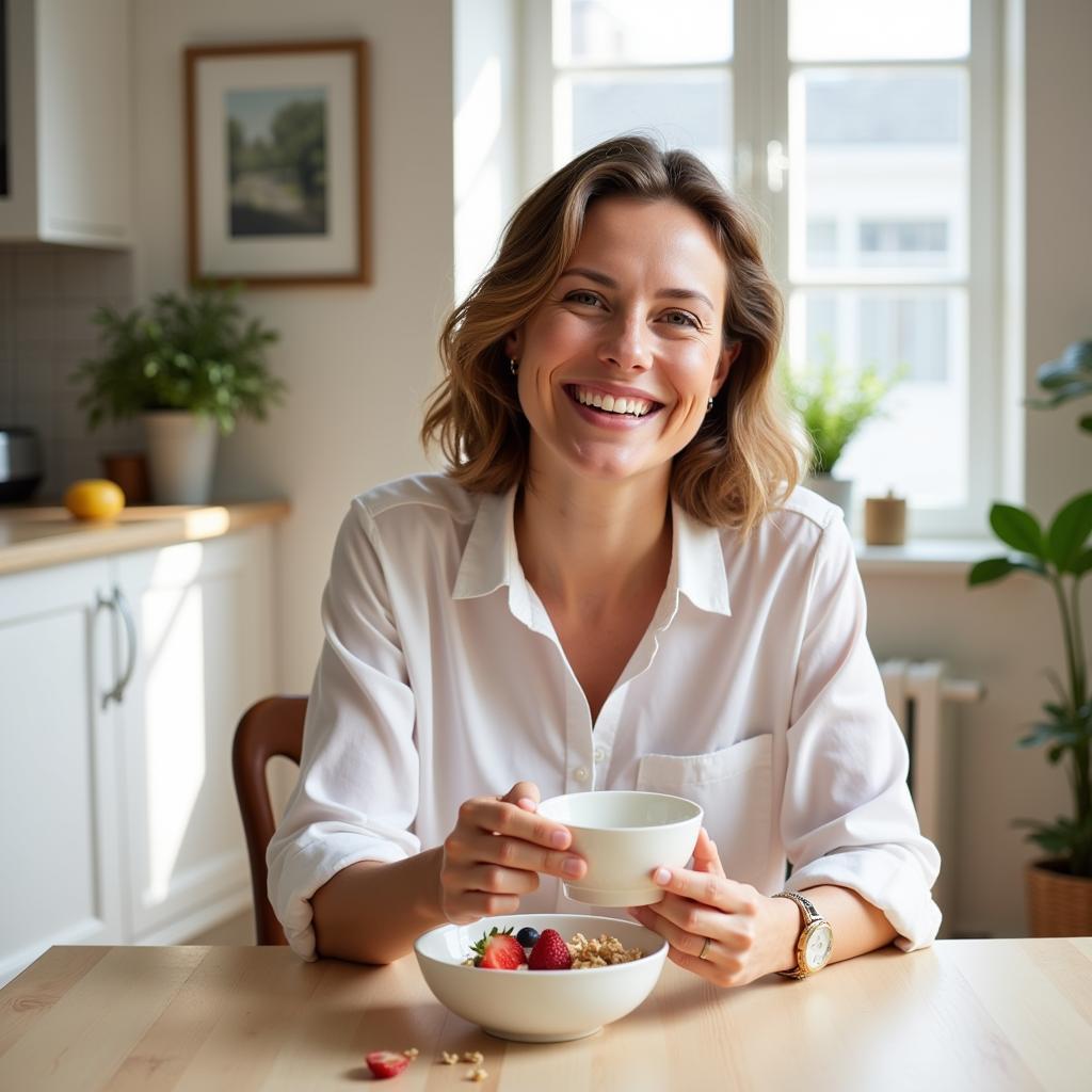 A woman smiling while enjoying a healthy and delicious breakfast.