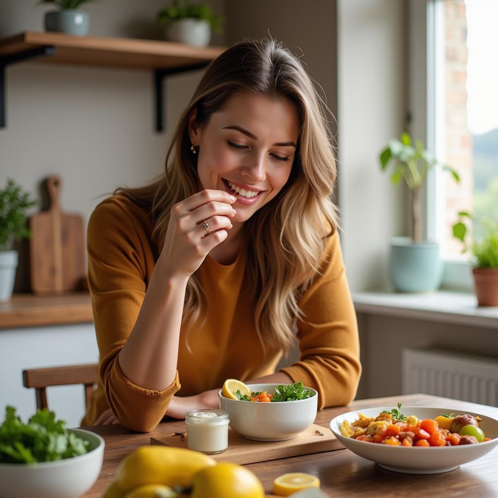 A woman smiles as she enjoys a colorful salad with nuts and seeds.