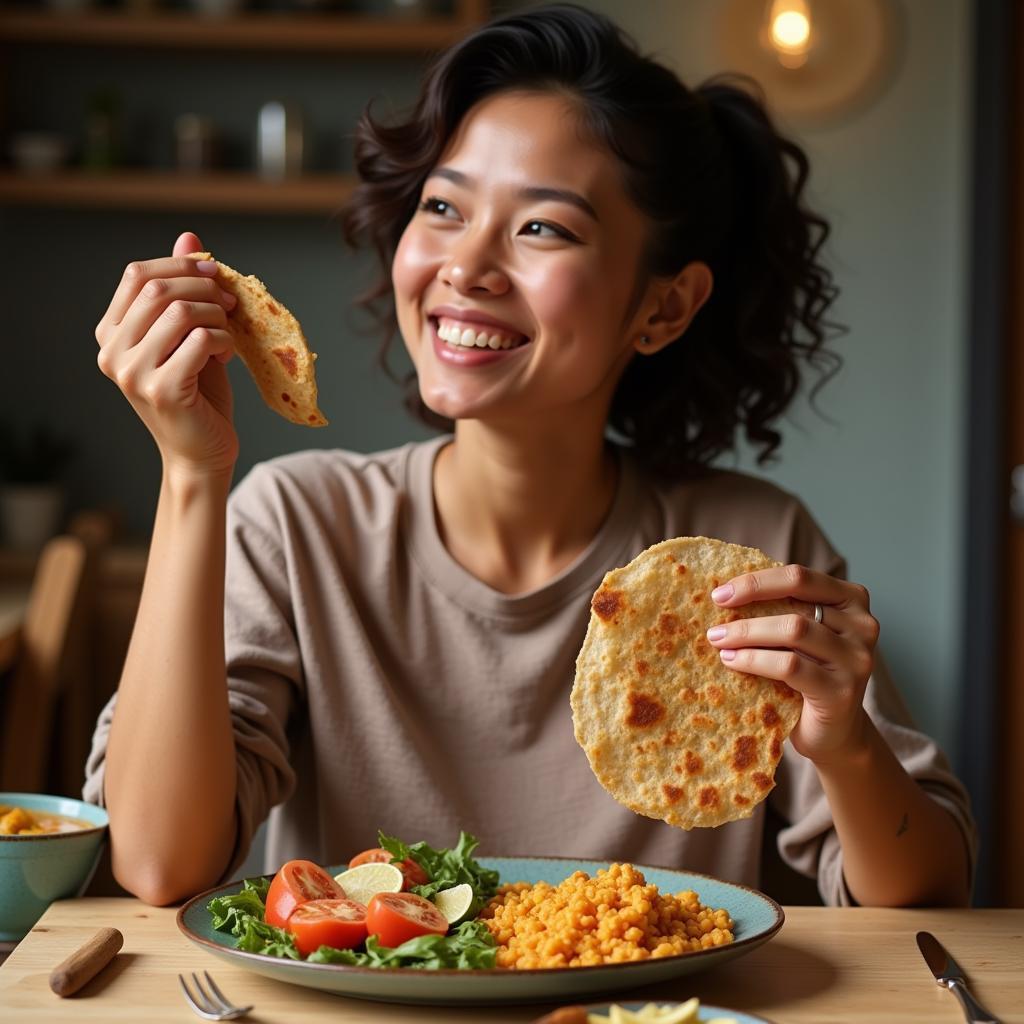 Woman enjoying a hearty meal of fibre-rich Indian food