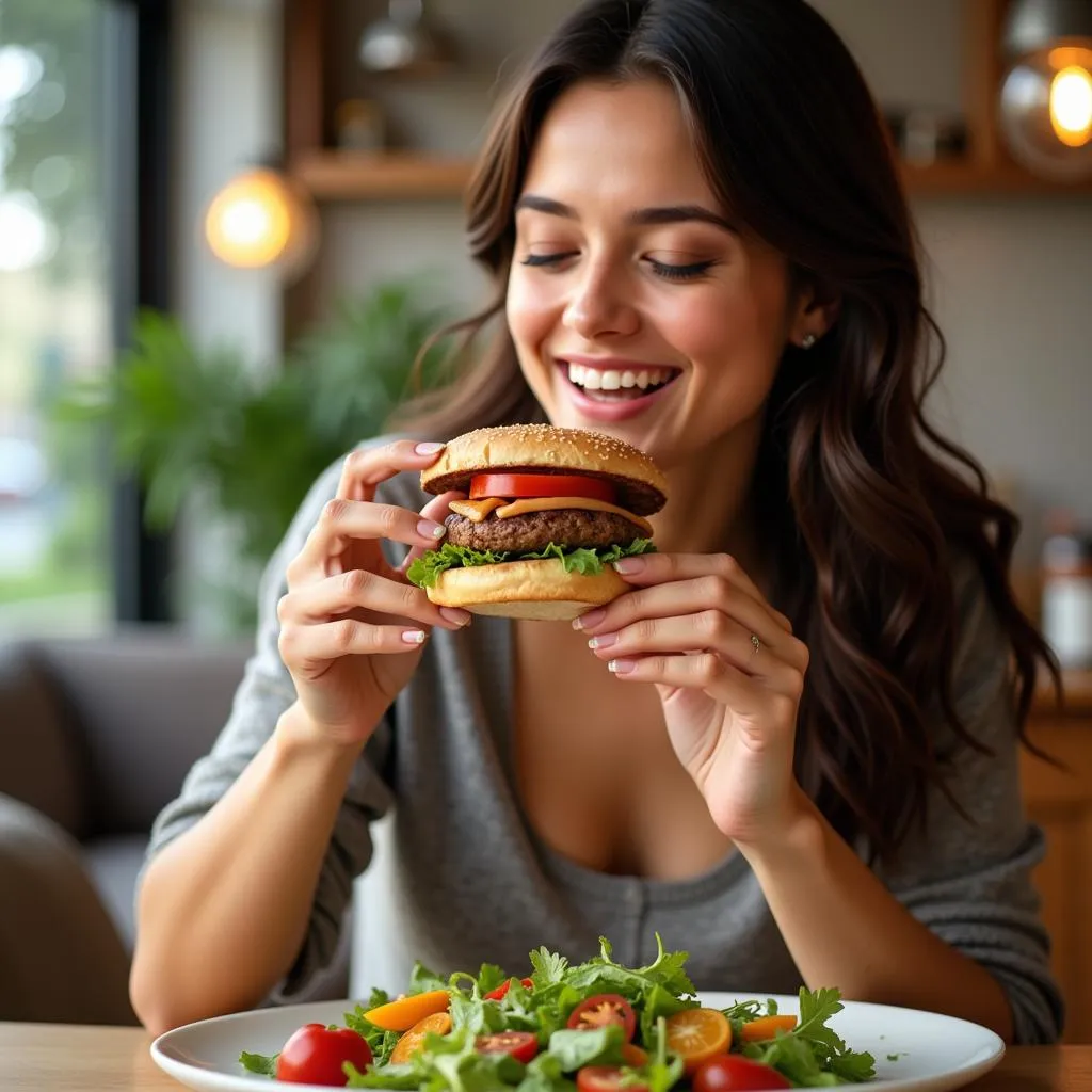 A woman smiles as she takes a bite of a delicious veggie burger, with a fresh salad on the side