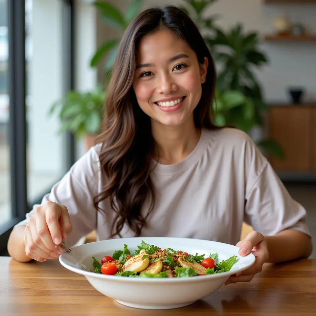 A woman smiling while enjoying a detox salad