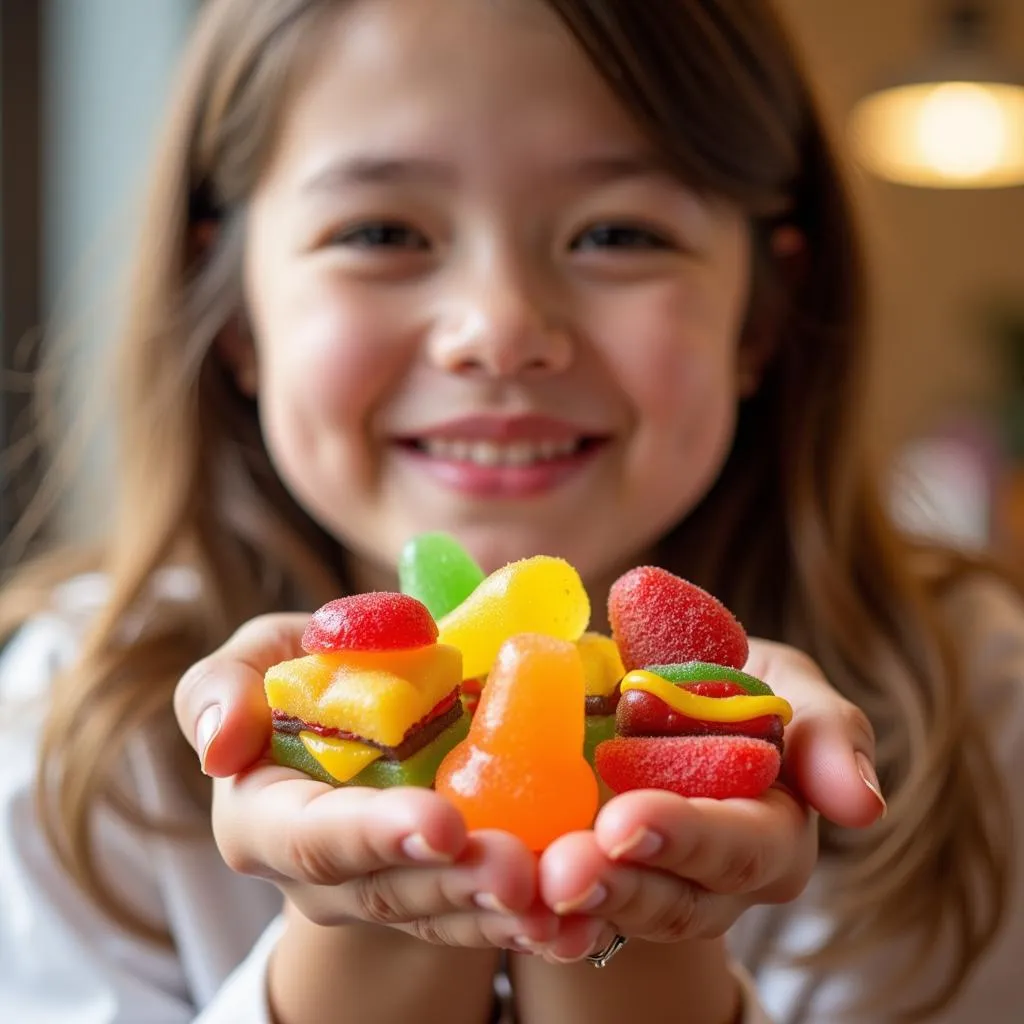 Woman Enjoying Fast Food Gummy Candy