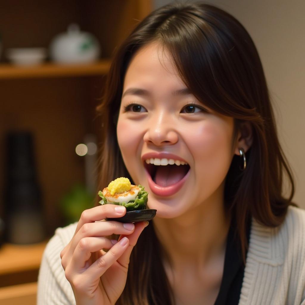 A woman smiles while savoring a piece of gobo sushi