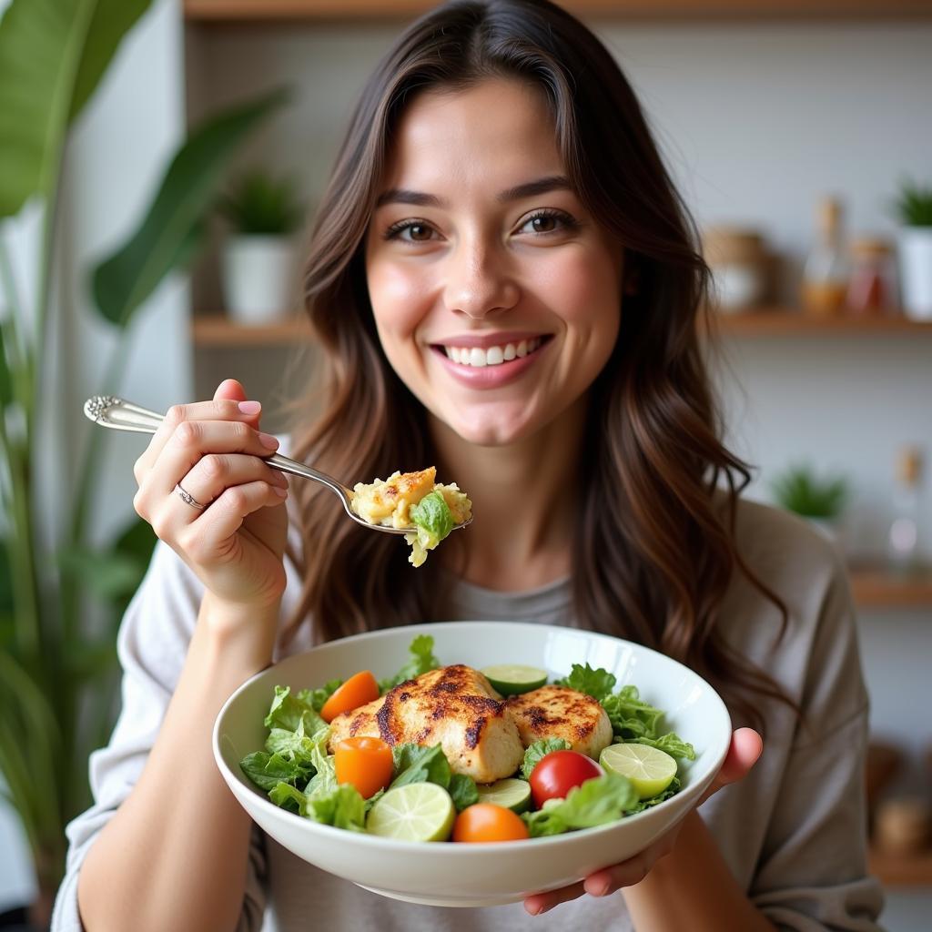 Smiling Woman Eating a Colorful Salad