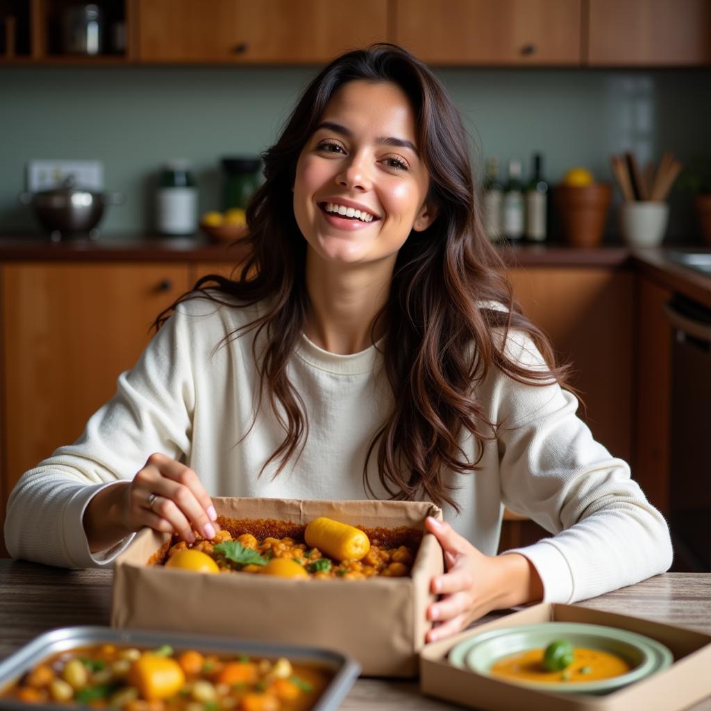  A woman smiles as she unpacks her homemade Indian food delivery order