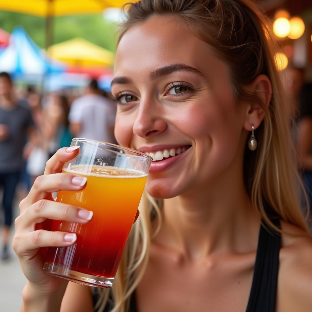 A woman savoring a glass of kombucha at a food festival.