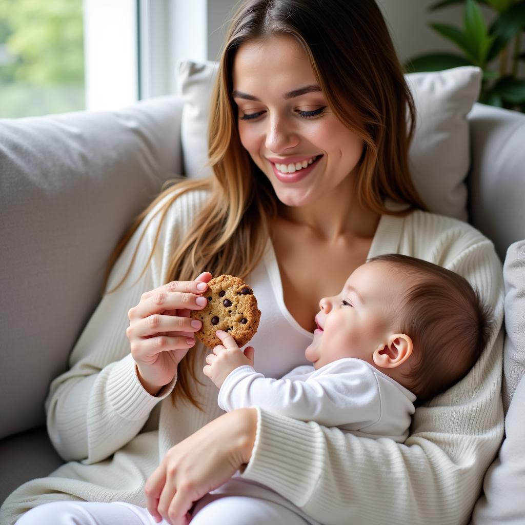 A smiling woman enjoys a lactation cookie while breastfeeding her baby.