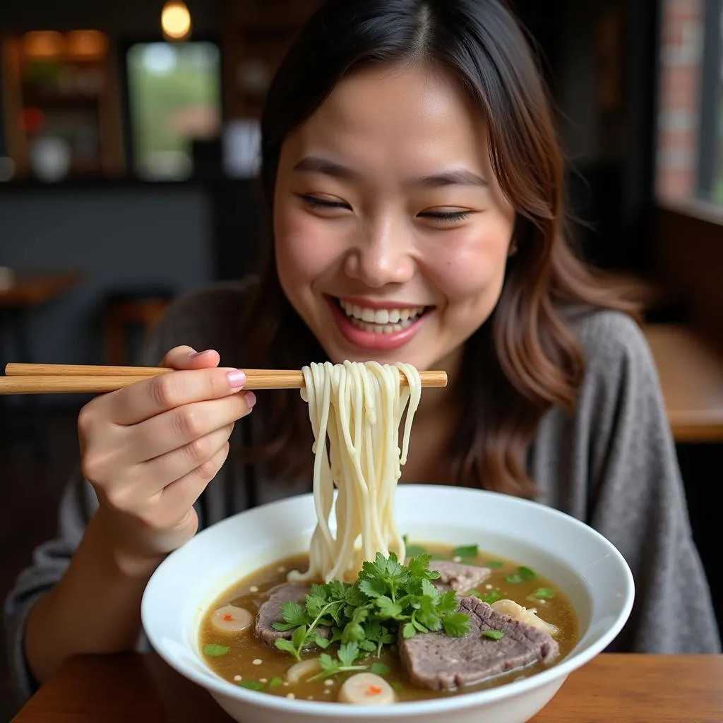 A woman enjoys a comforting bowl of Pho.