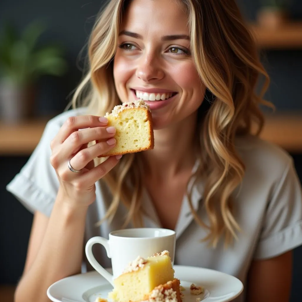 Woman enjoying a slice of pineapple angel food cake with tea.