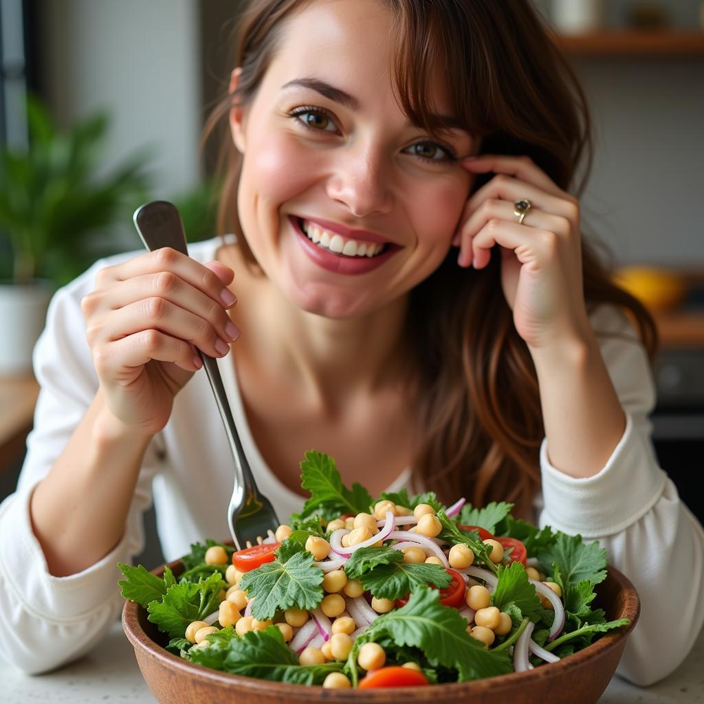 A woman smiling while enjoying a salad rich in prebiotic foods