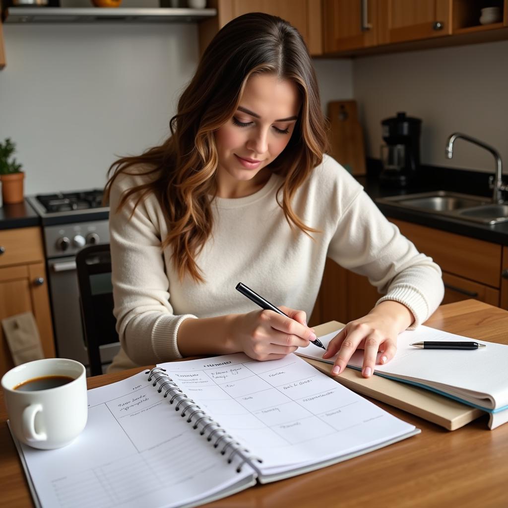 A woman sits at a kitchen counter, filling out her weekly food planner pad with a cup of coffee nearby.