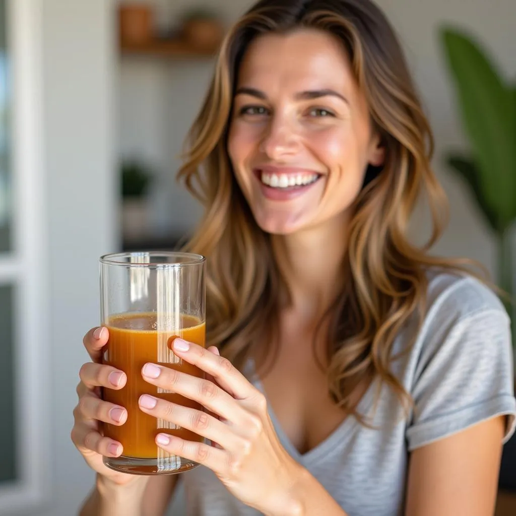 A woman smiles while holding a glass of liquid multivitamin