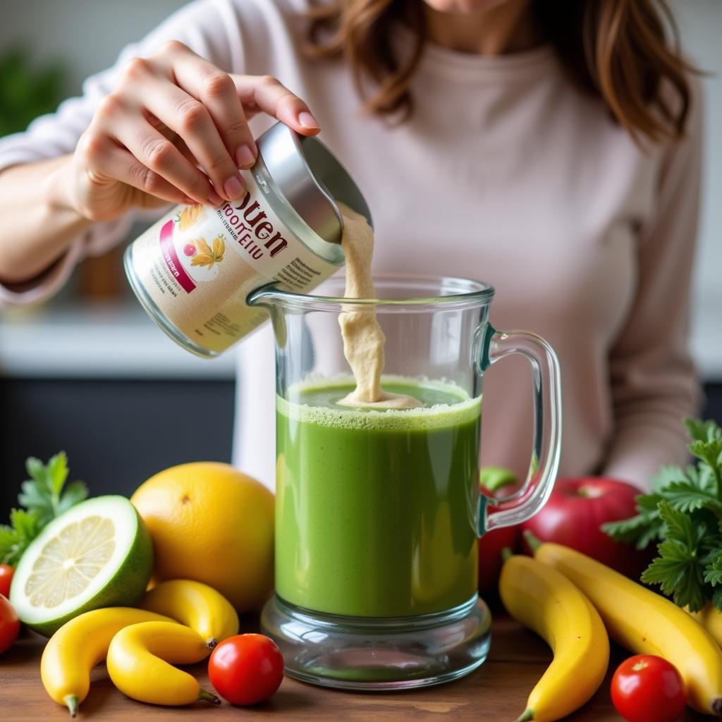 Woman Mixing Life Foods Protein Powder into Smoothie