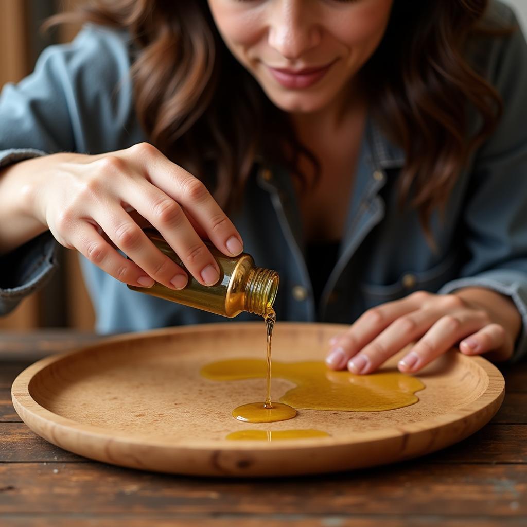 Woman oiling a wooden tray with a cloth