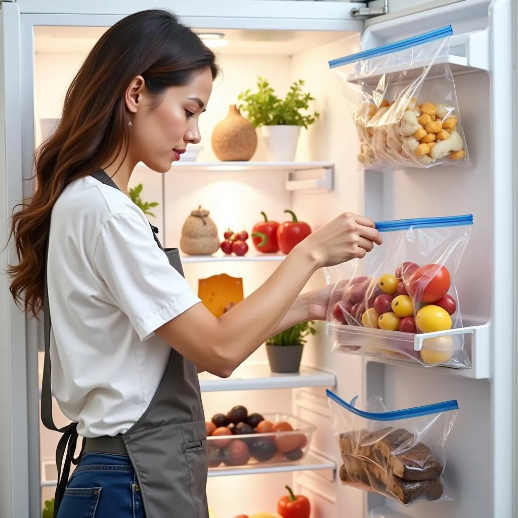 Woman efficiently organizing food in refrigerator using large plastic food bags