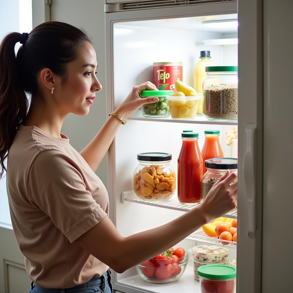 Woman organizing food in her refrigerator