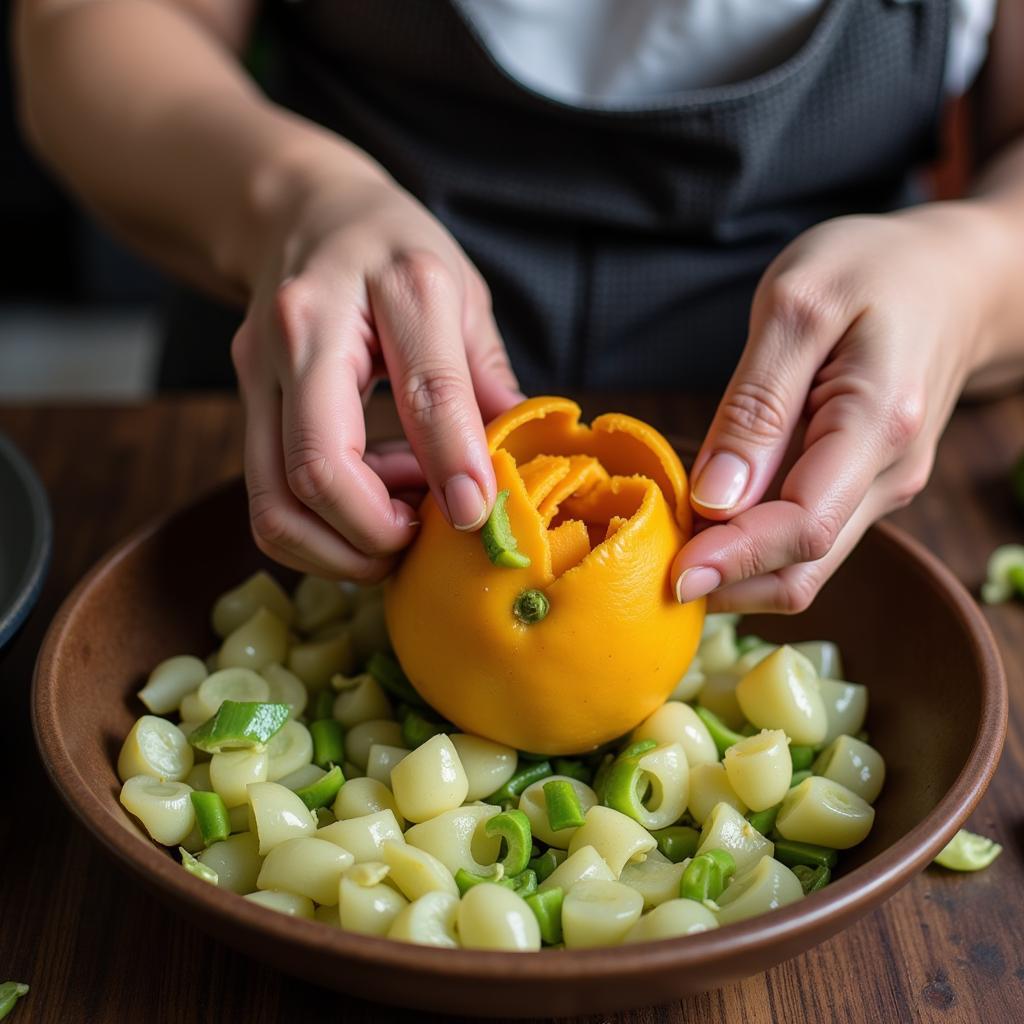 A woman skillfully prepares a joint food dish incorporating fresh tamasteen