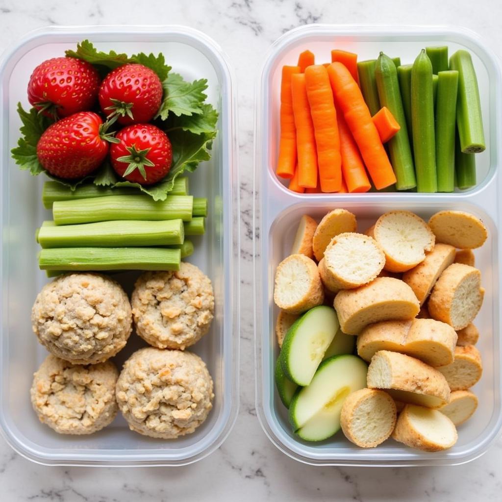 A woman smiling while packing a variety of colorful, healthy meals into different sized food containers