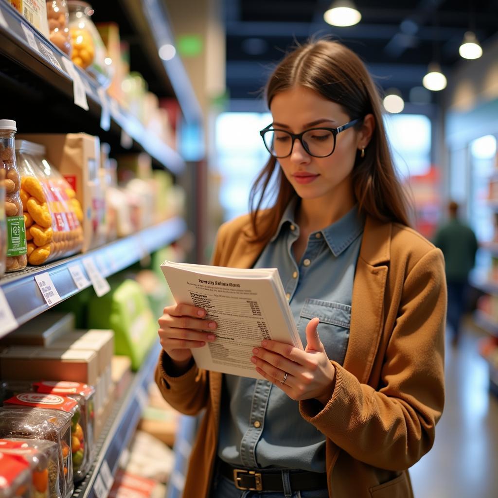 Woman carefully examining a food label