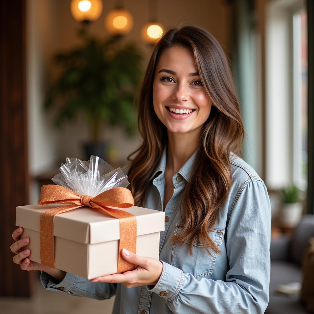 Happy woman receiving a fancy food gift basket.