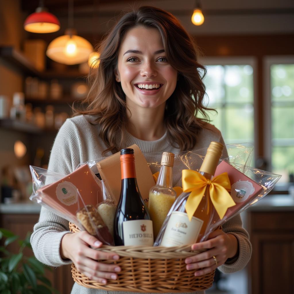 Woman Receiving a Food and Wine Gift Basket