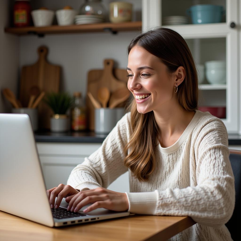 Smiling woman shopping online for Russian food on her laptop