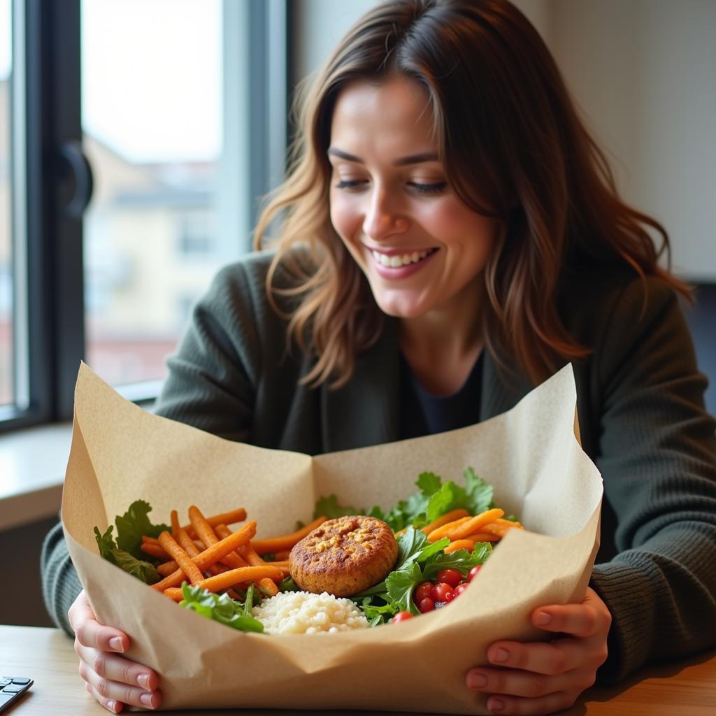 A woman smiles as she unpacks a healthy takeaway meal at her desk