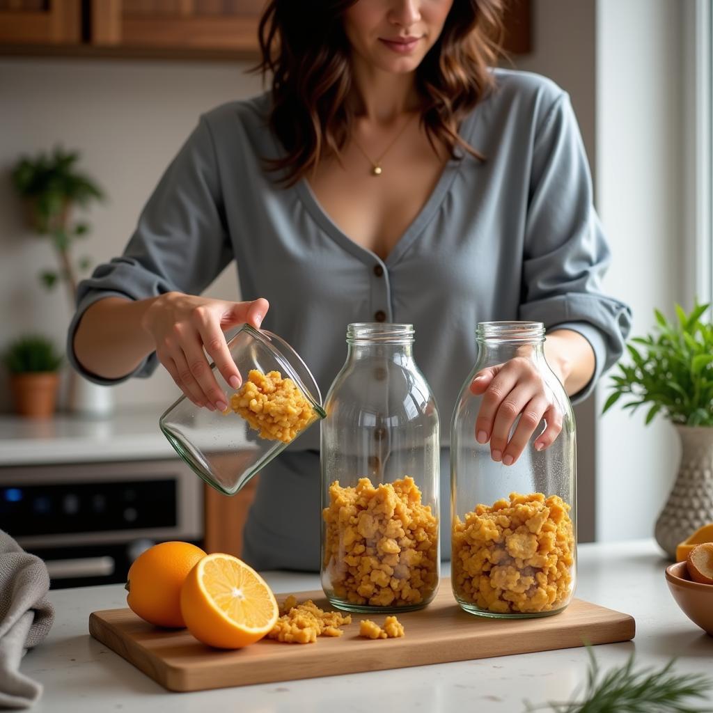 Woman Storing Leftovers in Glass Containers